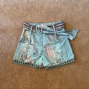 Vintage Floral Embroidered Teal/Blue/Pink/Rose Belted Women’s Shorts